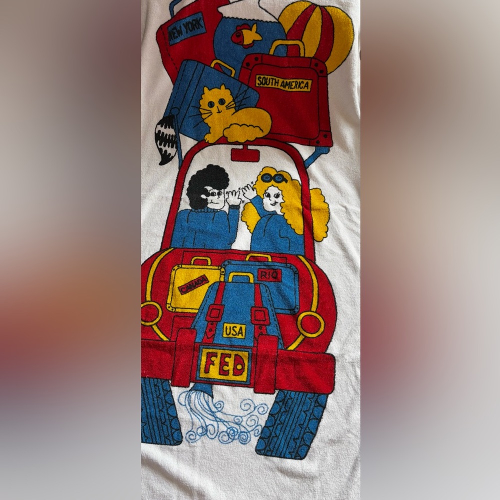 Kmart World Traveler  Cartoon Beach Towel Pool Lake Hippie VTG Beach Towel 60s
